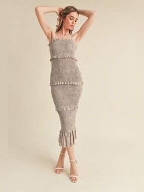 MABLE Esme Smocked Ruffled Midi Dress in Taupe and Floral